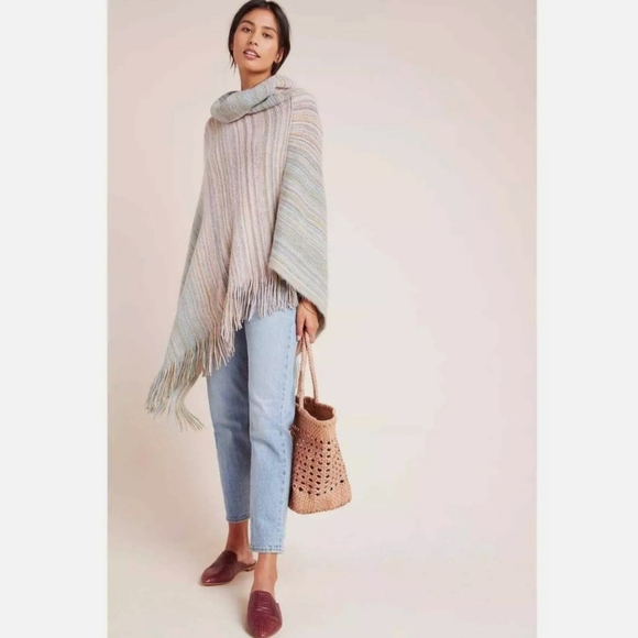 Anthropologie Saturday Sunday Vera Fringed Poncho Multicolor Pastel One Size - Picture 2 of 5